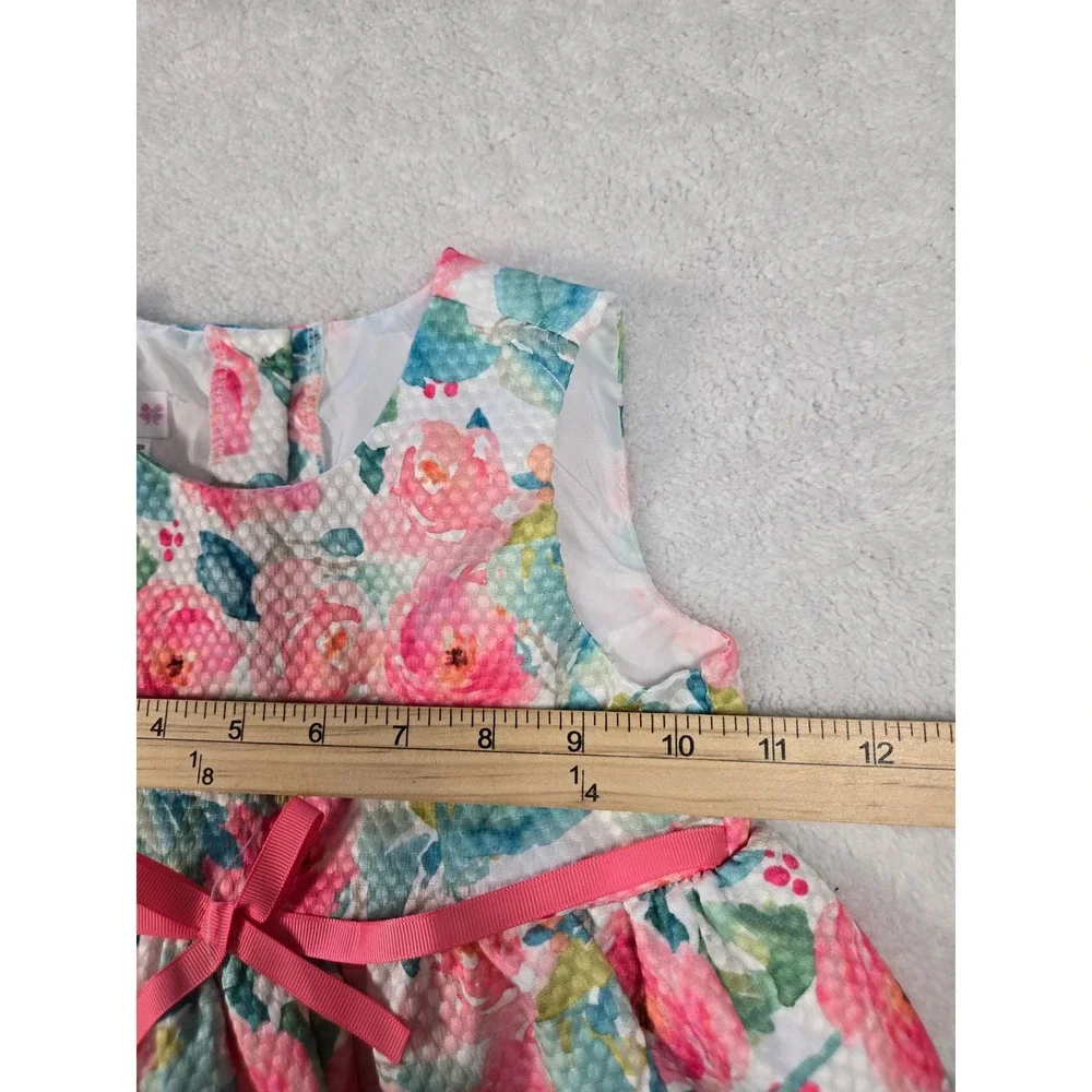 Bonnie Baby Floral Rose Dress Pink Teal Waffle Knit Bow 24 month  L
